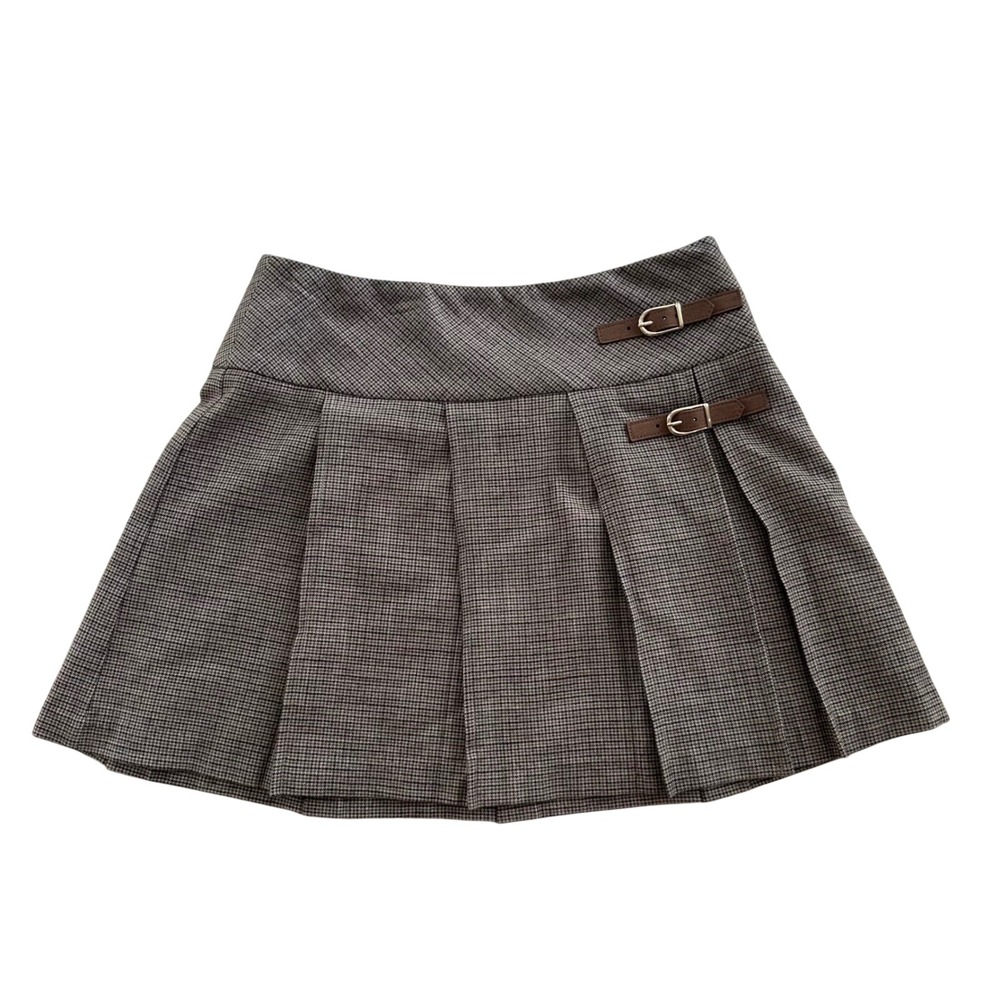 Vtg Christian Lacroix Pleated Skirt Womens 8 Brown Houndstooth Buckle Mini Kilt